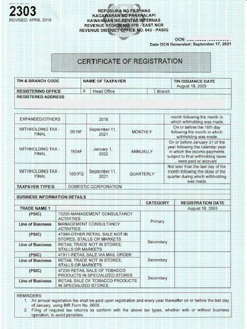 BIR Certificate